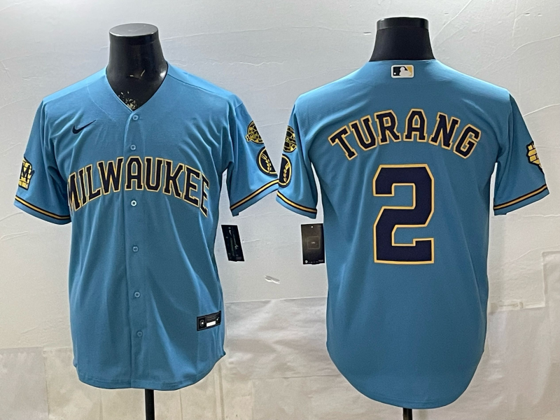Men's Milwaukee Brewers Brice Turang #2 Light Blue Road Replica Jersey