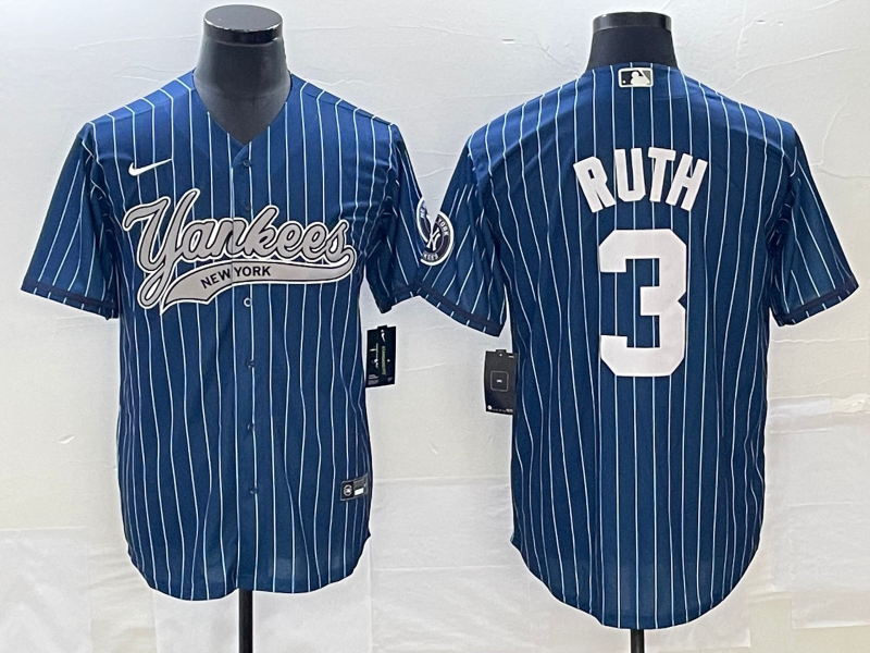Men's New York Yankees Babe Ruth #3 Blue Player Jersey1 Joint Edition