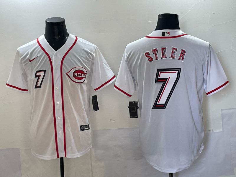 Men's Cincinnati Reds Spencer Steer White 2025  Speedway Classic Home Replica Jersey