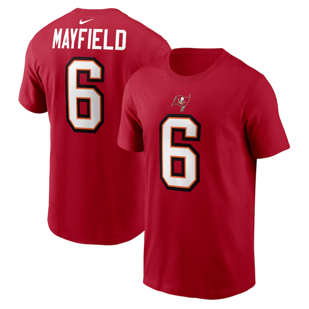 Men's Tampa Bay Buccaneers Baker Mayfield  Red Player Name & Number T-Shirt