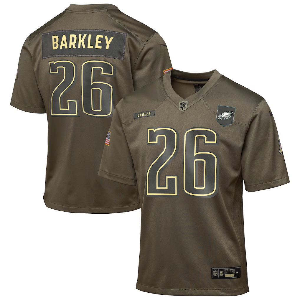 Youth Philadelphia Eagles Saquon Barkley  Olive 2025 Salute to Service Game Jersey