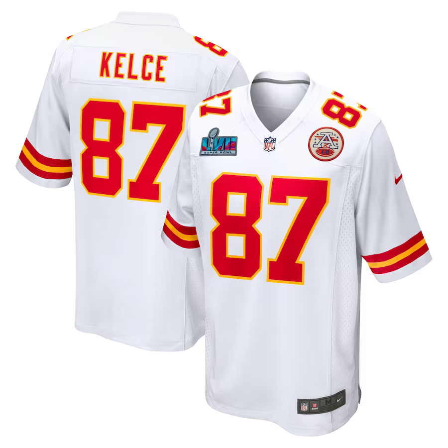 Men's Kansas City Chiefs Travis Kelce White Super Bowl LVII Patch Away Game Jersey