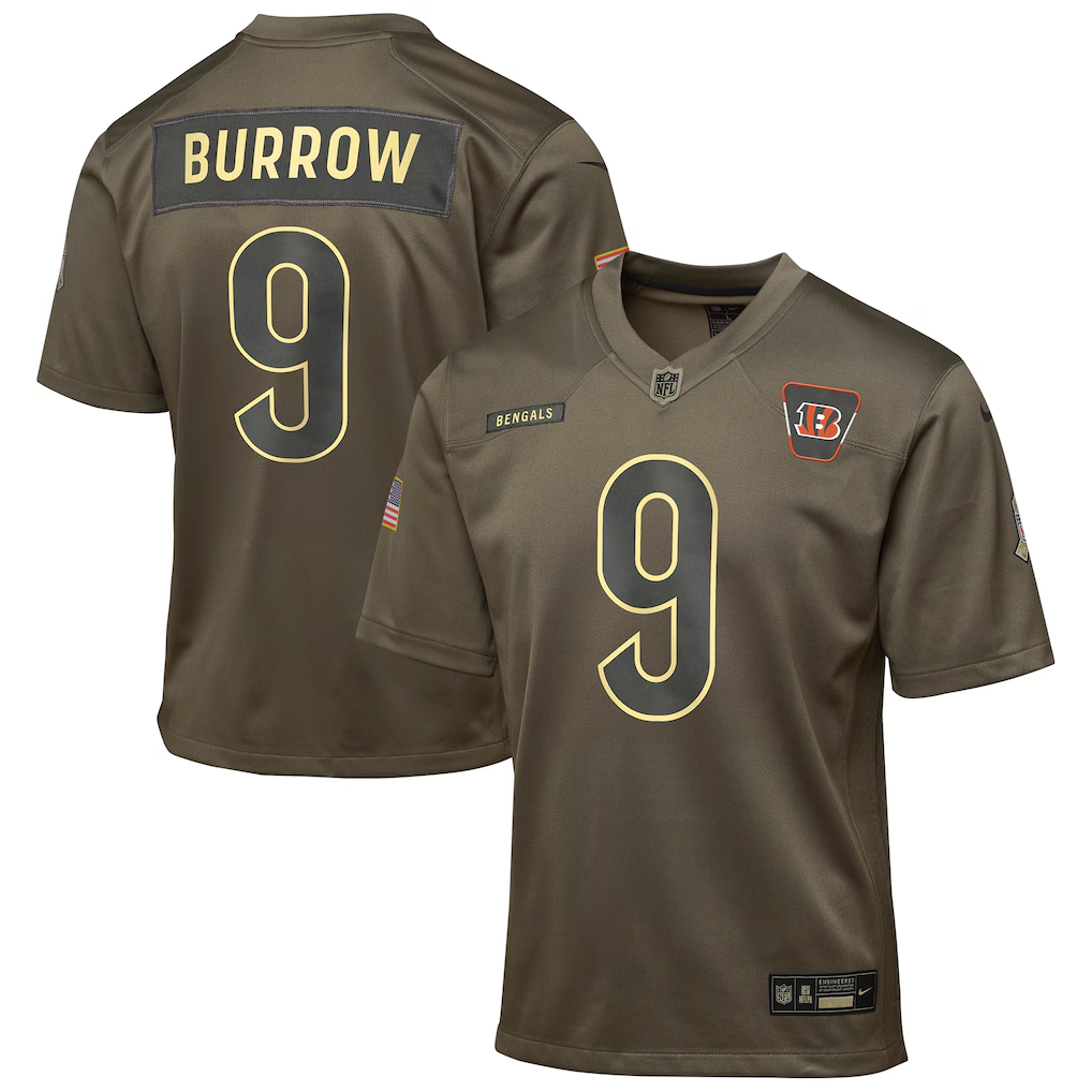 Youth Cincinnati Bengals Joe Burrow  Olive 2025 Salute to Service Game Jersey