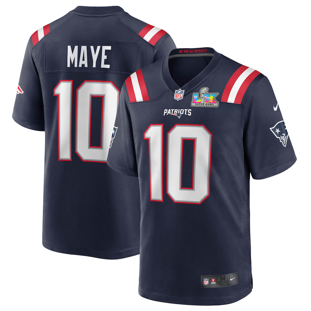 Men's New England Patriots Drake Maye  Navy Super Bowl LX Patch Game Jersey