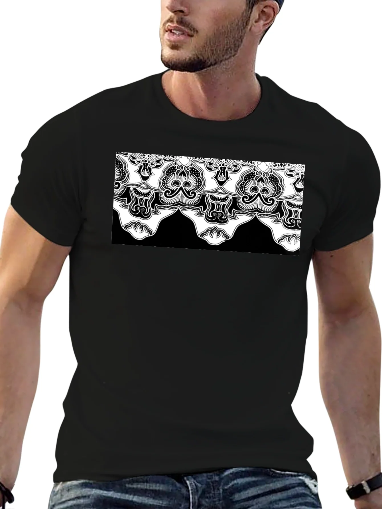 Ornate Lace Design Black T-Shirt