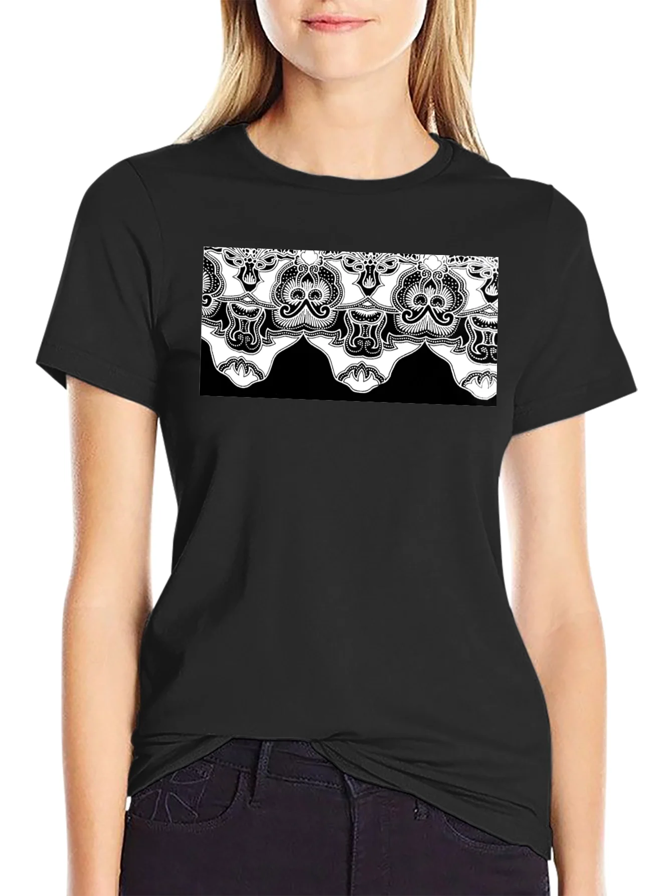Ornate Lace Design Black T-Shirt