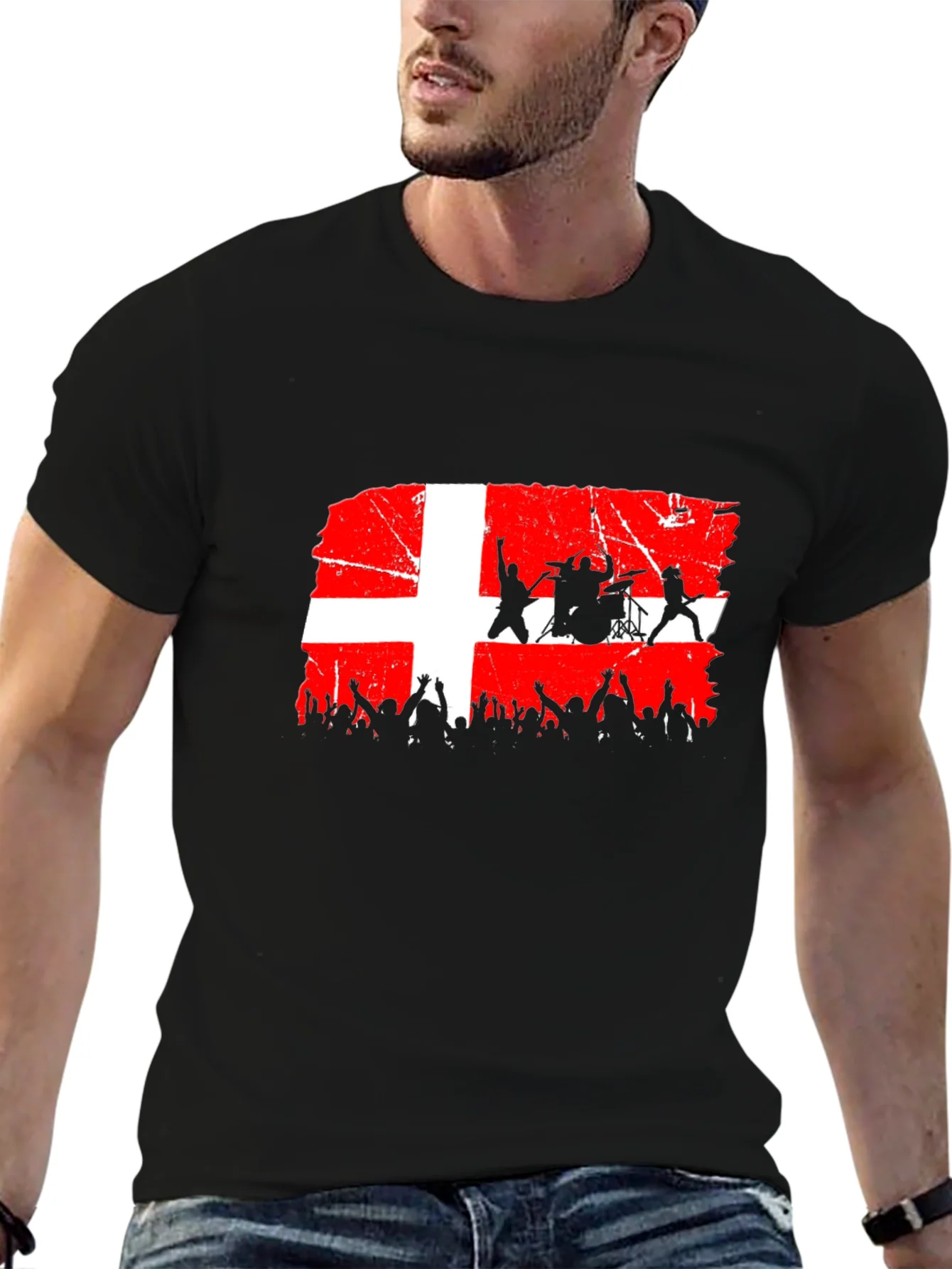 Denmark Flag Rock Band Concert Black T-Shirt
